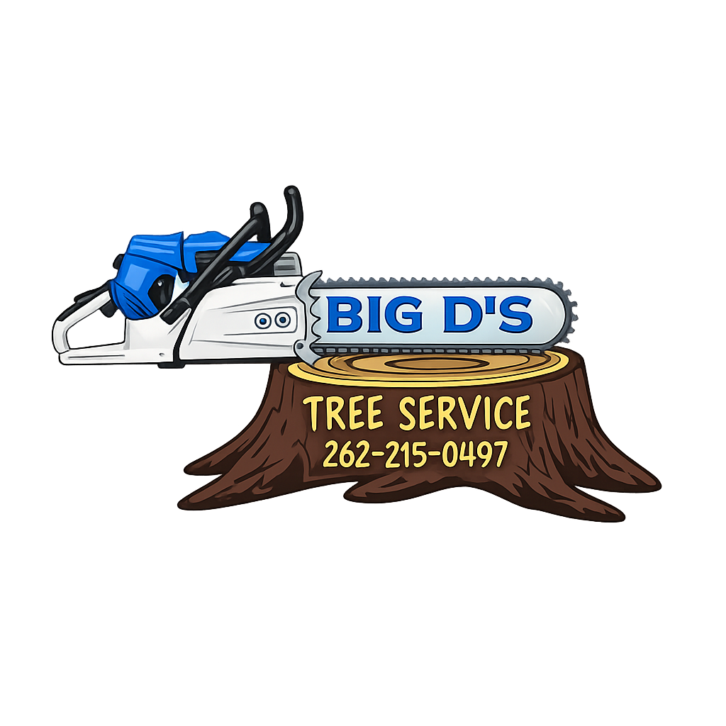 Big D's Tree Service logo with a chainsaw resting on a tree stump